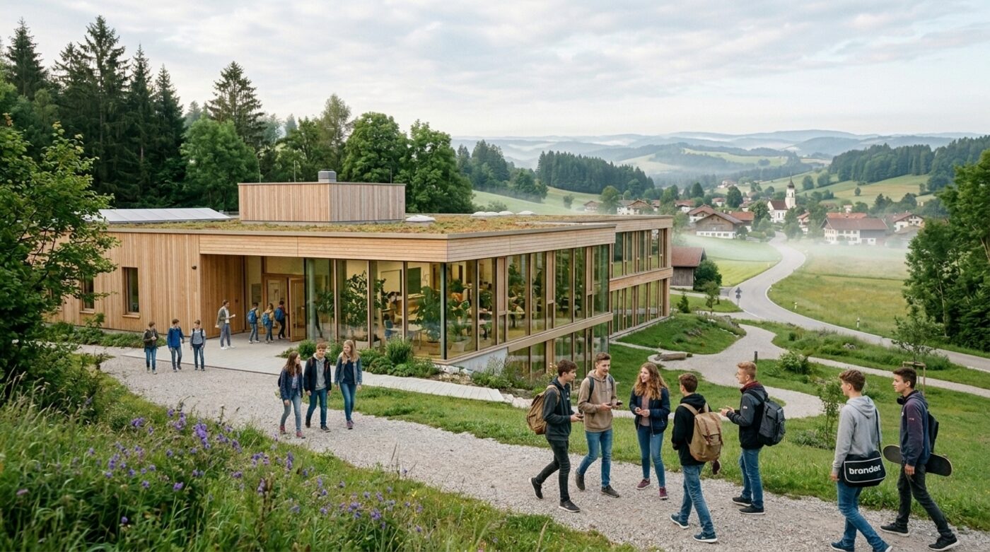 Visualisierung eines hellen Schulgebäudes aus Holz in bayerischer Hügellandschaft, davor Jugendliche im Gespräch