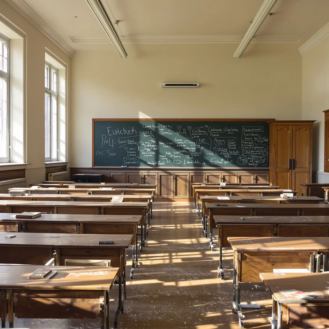 Leeres, altmodisches Klassenzimmer mit Holzbänken in Reihen vor einer Kreidetafel
